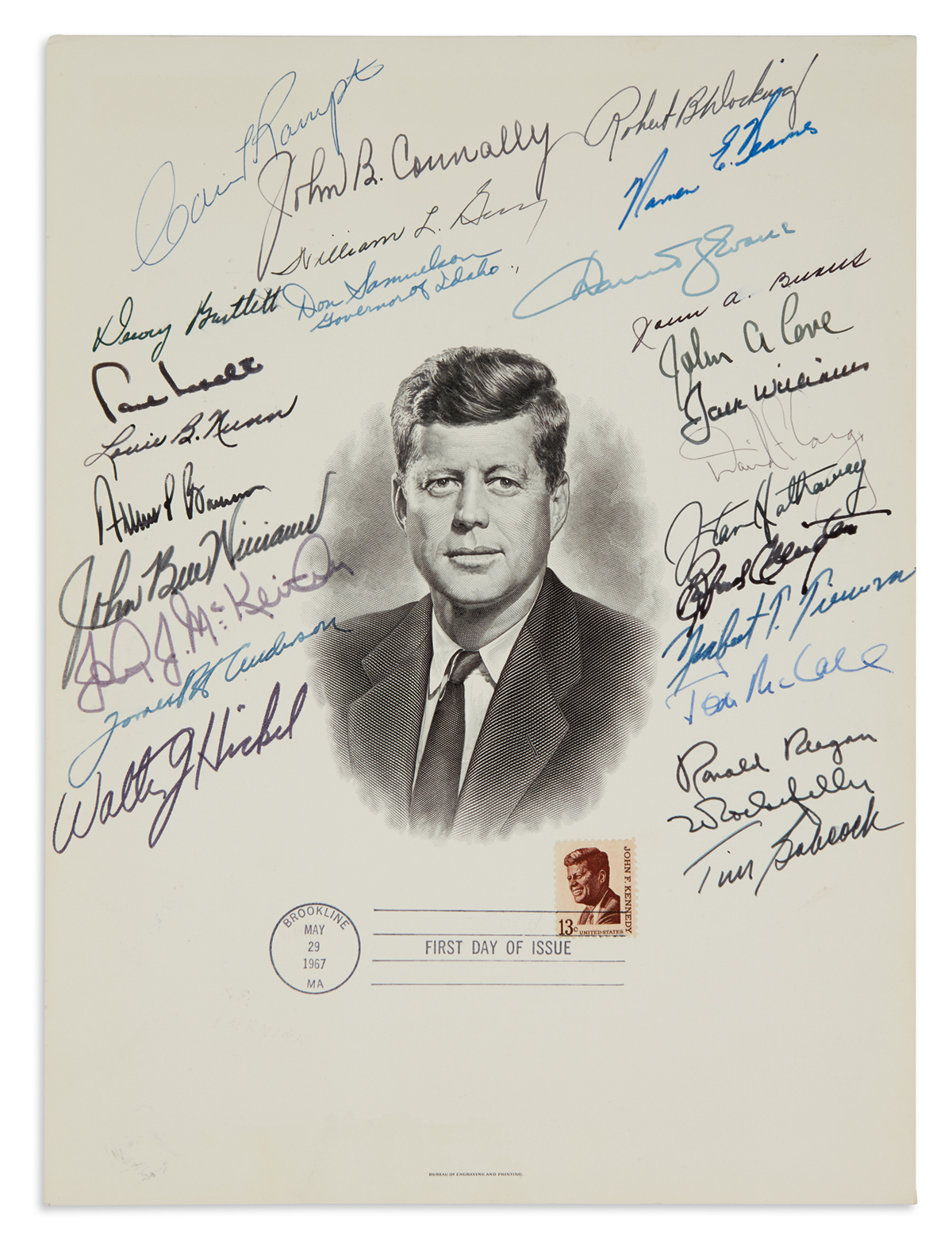 (GOVERNORS.) REAGAN, RONALD. Engraved bust portrait of John F. Kennedy Signed by Reagan and 24 State Governors or Lieutenant Governors.